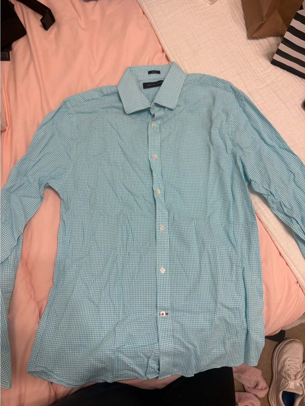 Tommy Hilfiger Men's Long-Sleeve Button-Down Shirt in Light Teal Check